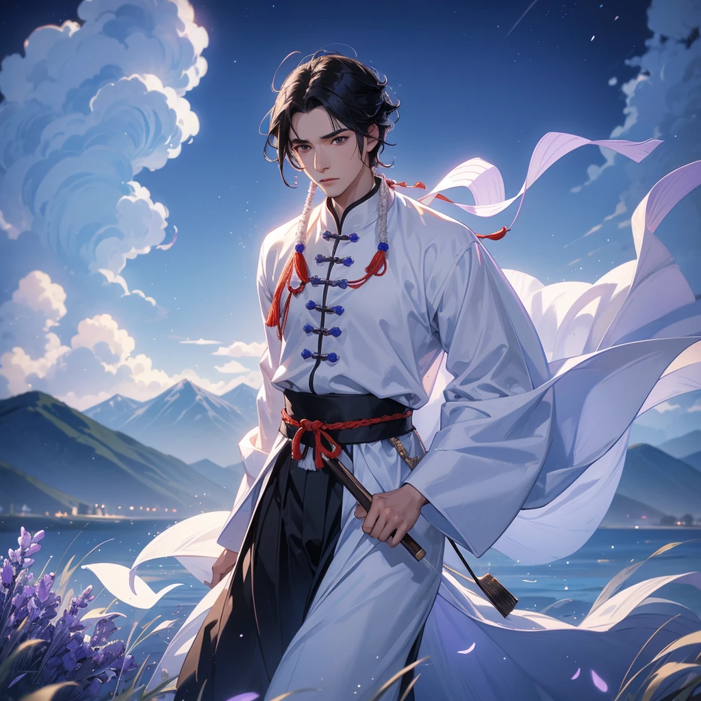 Handsome black-haired male  in white ancient Chinese costume, strolling among by the lavender fields glowing blue, close up. playing the guzheng. background is the mountains and the sea. low cloud.