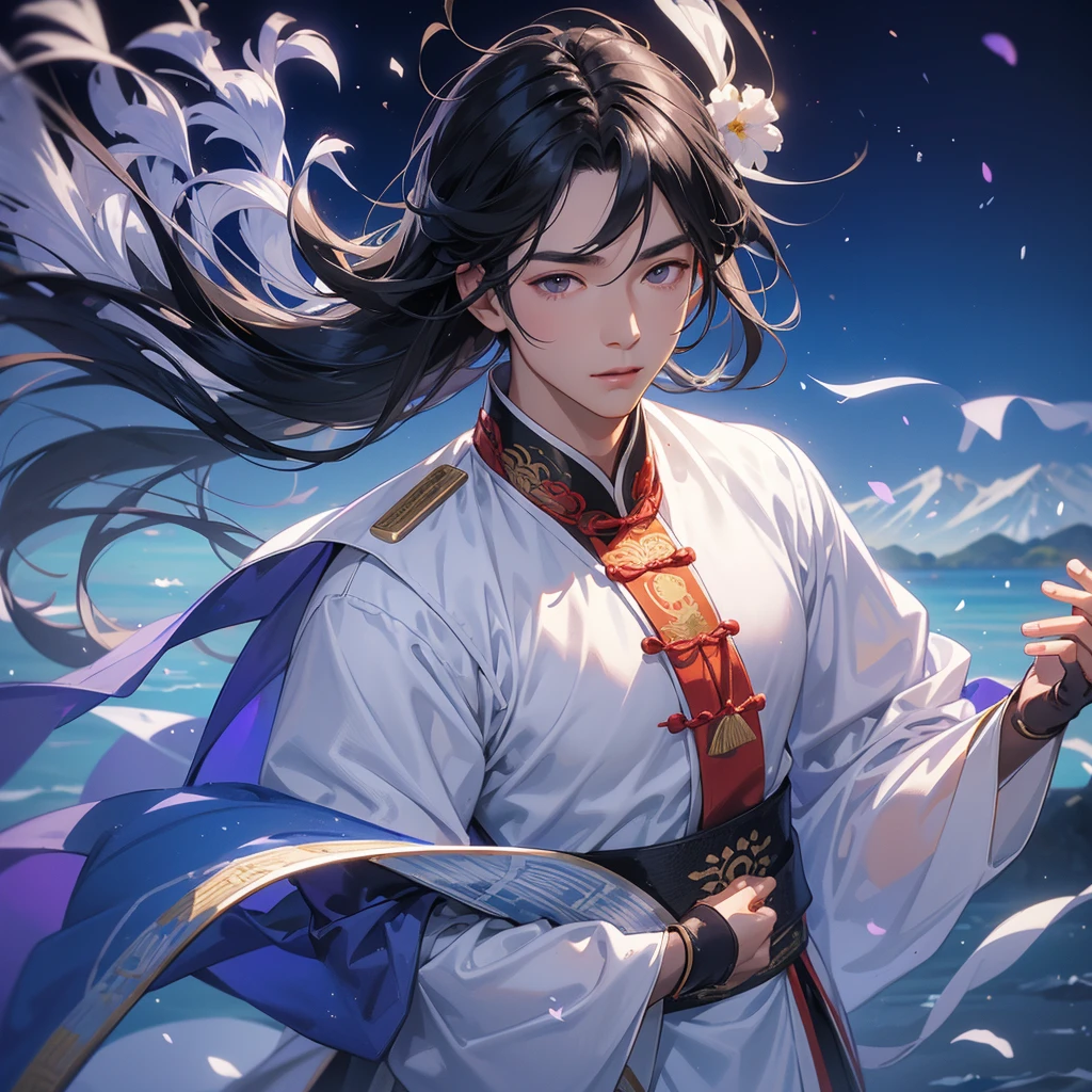 Handsome black-haired male in white ancient Chinese costume, strolling among by the lavender fields glowing blue, close up. playing the guzheng. background is the mountains and the sea. low cloud.