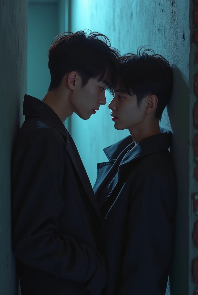 Where Enhypen's Sunghoon is cornering Enhypen's Suno against the wall and as a title you put PLAYFUL in big letters(They are spicy men)
