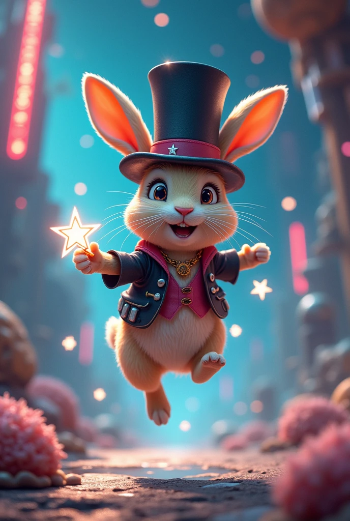 rabbit in a top hat with a futuristic atmosphere jumping to catch stars