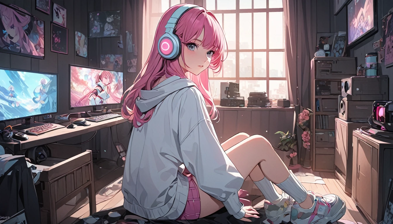 anime girl with pink hair wearing pink headphones, playing video games in the slightly dark room, anime styling 4 k, non-style artwork by guweiz, 8K anime art wallpaper, 4k anime art wallpaper, 4K anime art wallpaper, lofi portoRait, lofi girl, anime styling. 8k, melhor anime wallpaper 4k konachan, anime wallpaper 4k