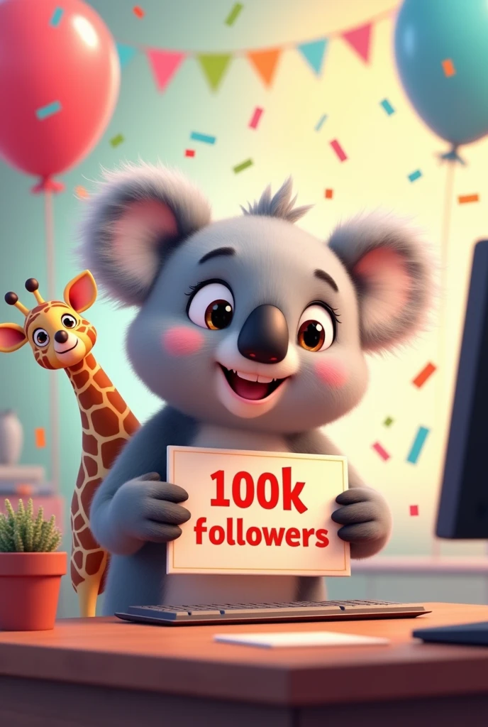 Image of an animated koala with a 100k followers sign with a small giraffe on his shoulder sitting in front of a computer editing videos. With confetti and balloons in celebration mode. super cute 