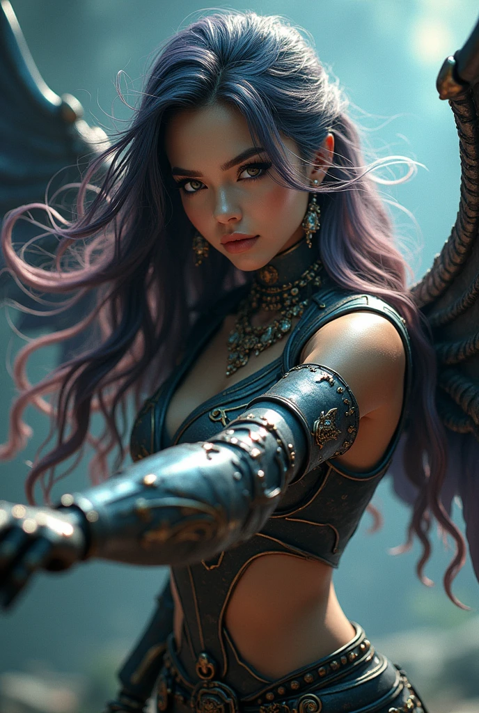(masterpiece:1.5), (best quality:1.5), (ultra-detailed:1.5), sharp focus, ray tracing, vibrant eyes, detailed eyes, bright eyes, 1girl, long hair, wavy ends, hair over shoulder,glossy hair, silky hair, multicolored hair, streaked hair, red hair, jewelry, necklace, earrings, bracelet, light smile, hair ornament, fox ears, holding spear, dynamic pose, action shot, striking pose, striking angle, armored breastplate, armored skirt, single mechanical arm, mechanical wings,INKxXmo Dark Theme, Shaded Face,