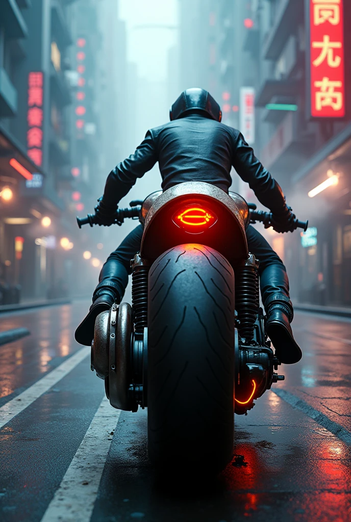 detailed cyberpunk motorcycle, futuristic motorcycle, riding on the road, motorcycle from behind, 1 person on a motorcycle, intricate details, High resolution, 8k, Photorealistic, hyper detailed, cinematic lighting, Dynamic motion blur, gritty urban environment, Neon lights, glowing cybernetic elements, chrome details, worn texture, mecha inspired design, complex machinery, industrial urban landscape, Changing the color palette, (Best Quality,4k,8k,High resolution,masterpiece:1.2),ultra detailed,sharp focus,(realist,photorealist,fotorrealista:1.37), Extremely fine,intricate details,intense lighting,dramatic lighting,lighting change,cinematic lighting,chiaroscuro lighting,dramatic shadows,dramatic moments,vivid colors,intense colours,Deep contrast,cinematic depth of field,cinematographic composition,cinematic camera angle