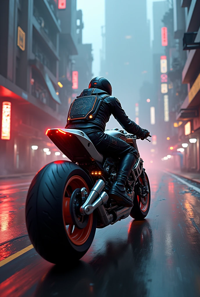 detailed cyberpunk motorcycle, futuristic motorcycle, riding on the road, motorcycle from behind, 1 person on a motorcycle, intricate details, High resolution, 8k, Photorealistic, hyper detailed, cinematic lighting, Dynamic motion blur, gritty urban environment, Neon lights, glowing cybernetic elements, chrome details, worn texture, mecha inspired design, complex machinery, industrial urban landscape, Changing the color palette, (Best Quality,4k,8k,High resolution,masterpiece:1.2),ultra detailed,sharp focus,(realist,photorealist,fotorrealista:1.37), Extremely fine,intricate details,intense lighting,dramatic lighting,lighting change,cinematic lighting,chiaroscuro lighting,dramatic shadows,dramatic moments,vivid colors,intense colours,Deep contrast,cinematic depth of field,cinematographic composition,cinematic camera angle