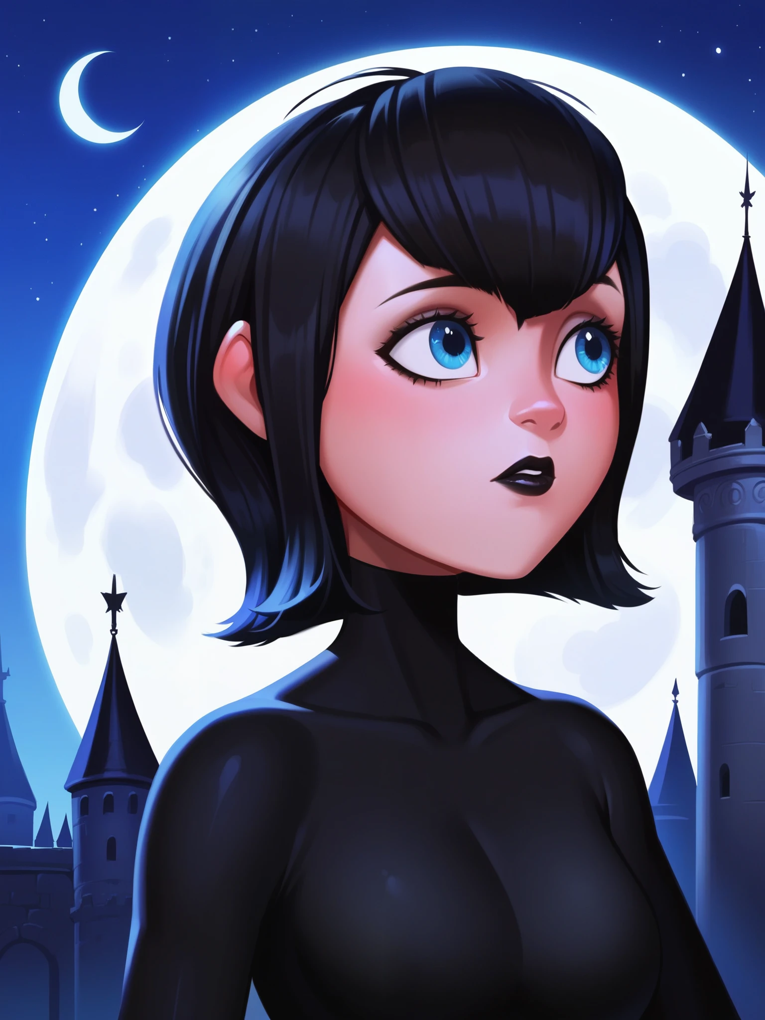 score_9, score_8_up, score_7_up, source_anime, source_cartoon, Mavis,short hair, black hair, best quality, perfect eyes,  portrait, breasts,lips, black lips,eyelashes, blue eyes, nsfw, castle, darkness, full moon, 