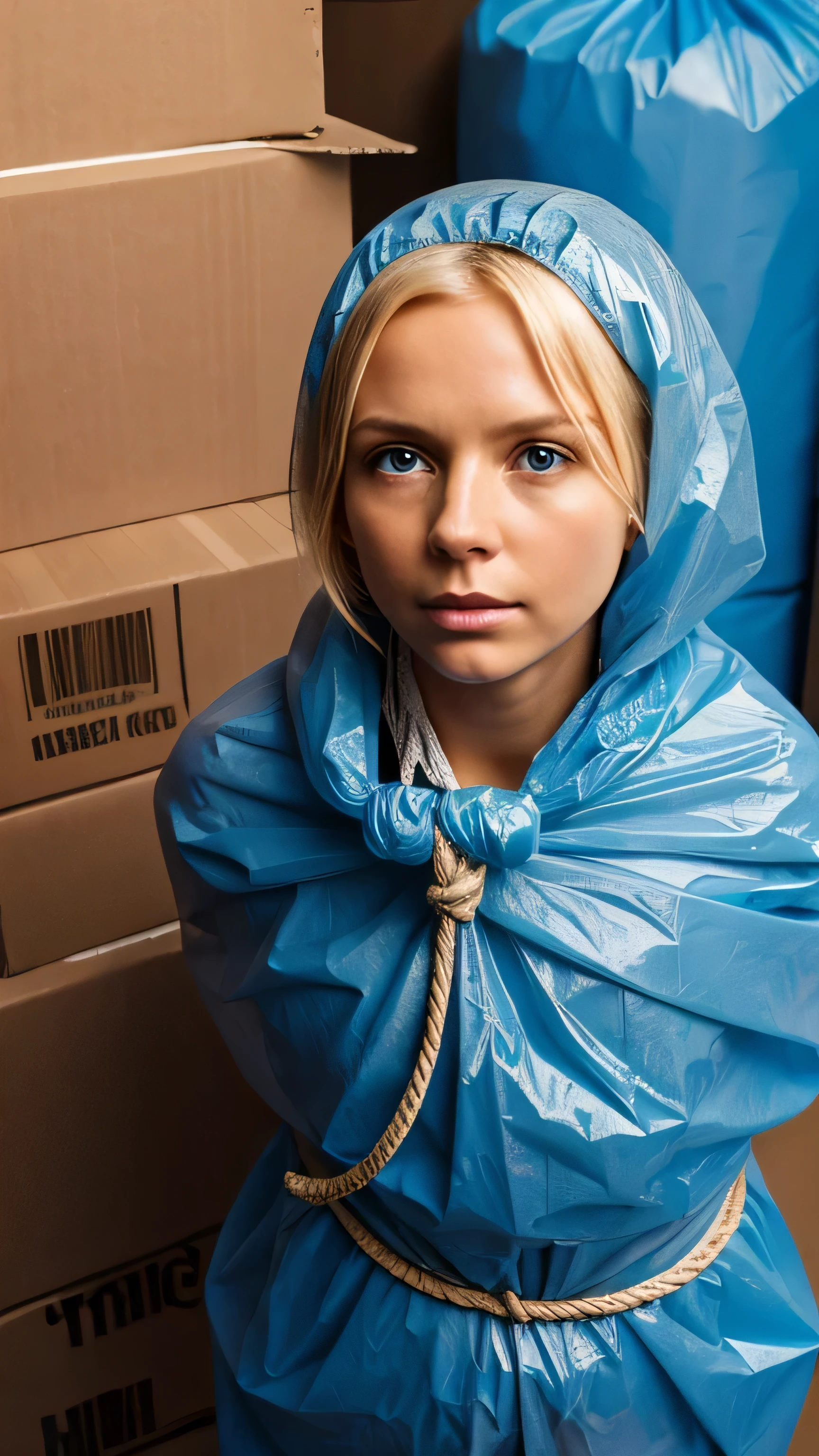 a faceless caucasian adult blond female figure completely wrapped up from head to toe in blue plastic garbage bags is tightly tied up with rope wrapped around her like a helpless living mummy, she is completely covered with plastic, she is squeezed inside a carboard box, forced against her will, bright day, extremely photorealistic photo, highly detailed photo, portrait 