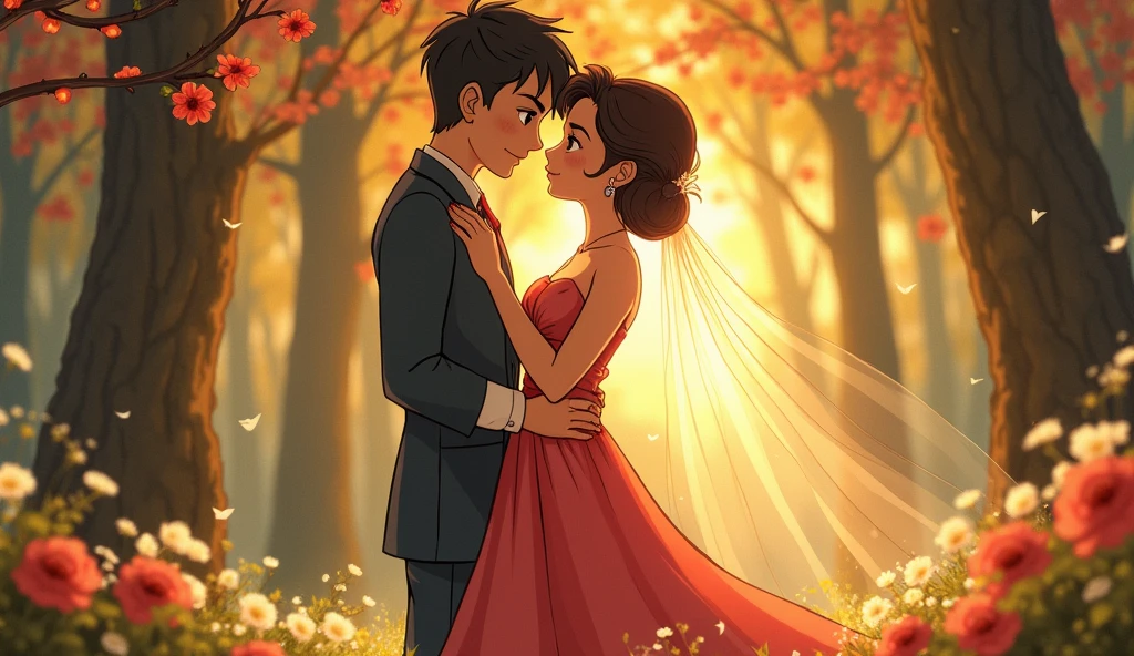 a young woman marrying a young man,studio ghibli art style,studio ghibli art style