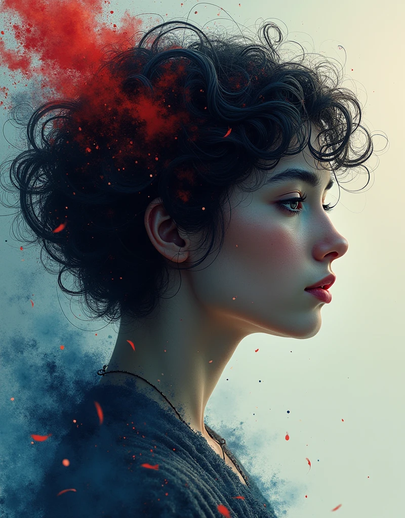 generative art, ((Distorted strokes, Deformation Profile, color)), Beautiful girl with short curly hair, Half-length photo, artistic, The award-winning, masterpiece
