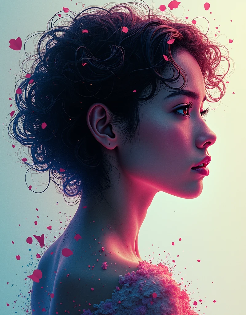generative art, ((Distorted strokes, Deformation Profile, color)), Beautiful girl with short curly hair, Half-length photo, artistic, The award-winning, masterpiece