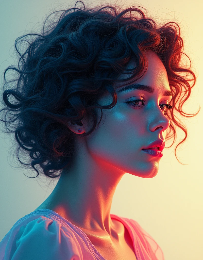 generative art, ((Distorted strokes, Deformation Profile, color)), Beautiful girl with short curly hair, Half-length photo, artistic, The award-winning, masterpiece
