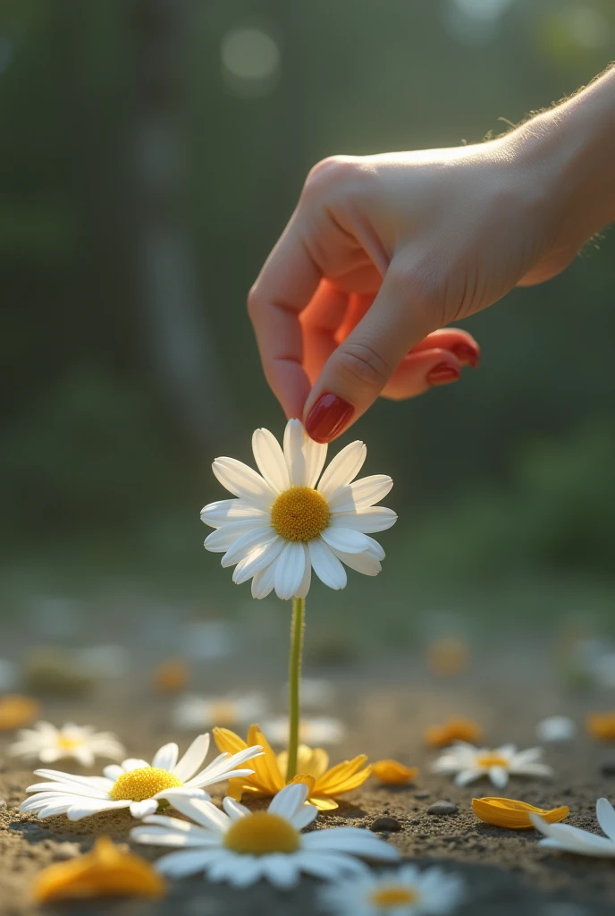 An image of a female hand plucking another petal from a daisy, playing "love me" with the petals already torn off on the ground showing only the flower and the hand 