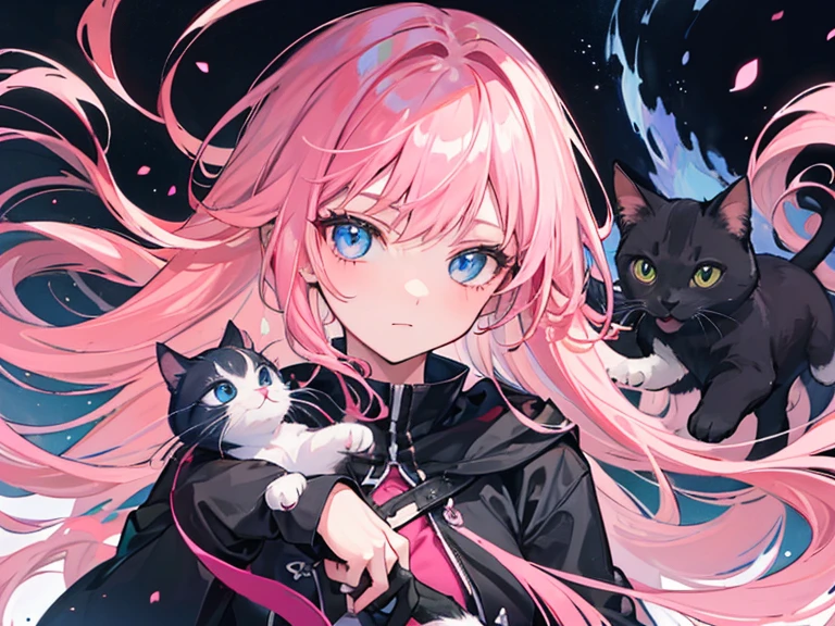 Girl with cat, black cat, pink hair blue eyes, avatar