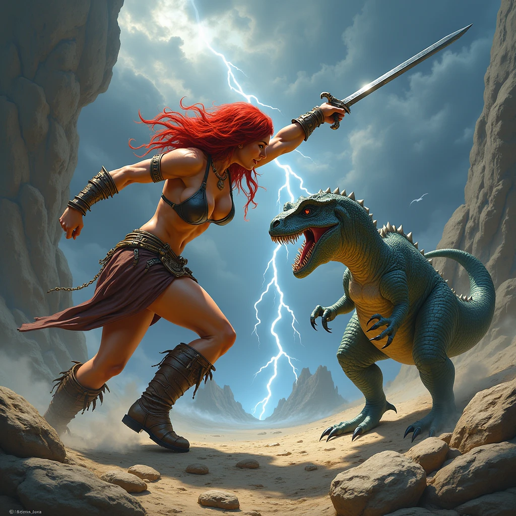 Red Sonja and a small dinosaur facing one another, ready to do battle. Dynamic battle poses.