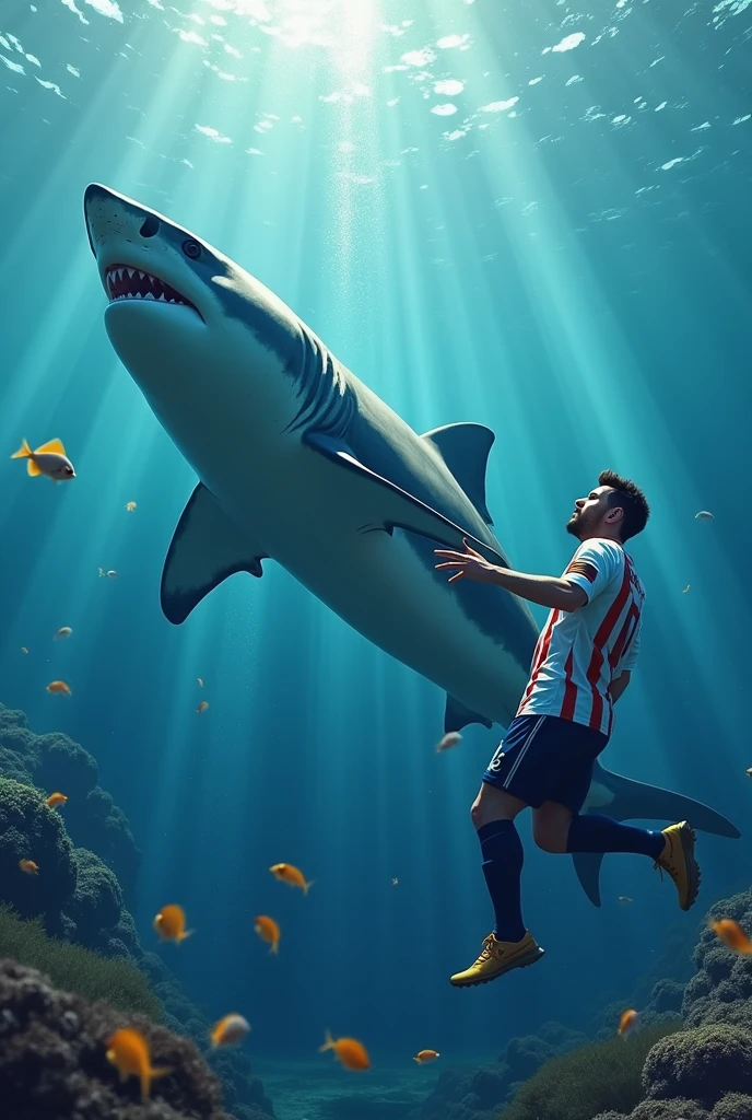 Messi with a Shark in the sea.