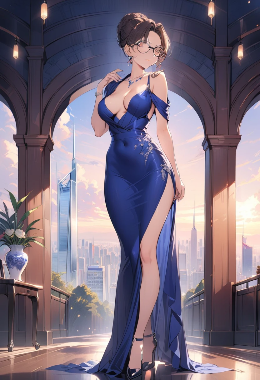 Gorgeous evening dress,Formal occasions,a beautiful woman with brown hair, (solo:1.4),perfect body,(highest quality,masterpiece:1.4),full body,with glasses