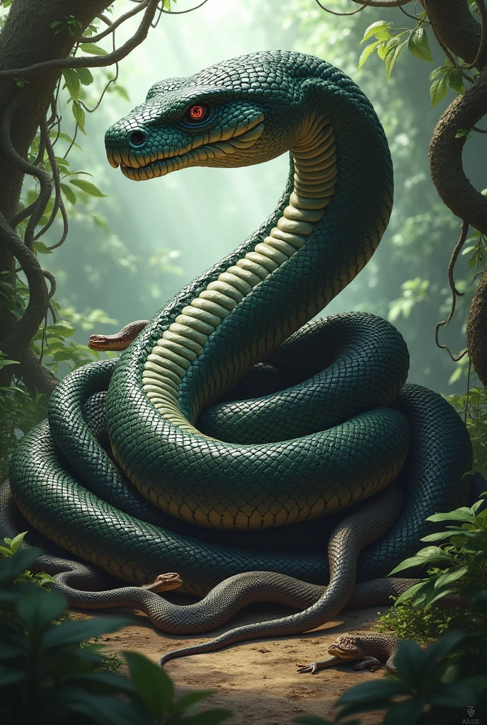 large snake with several other smaller snakes around it