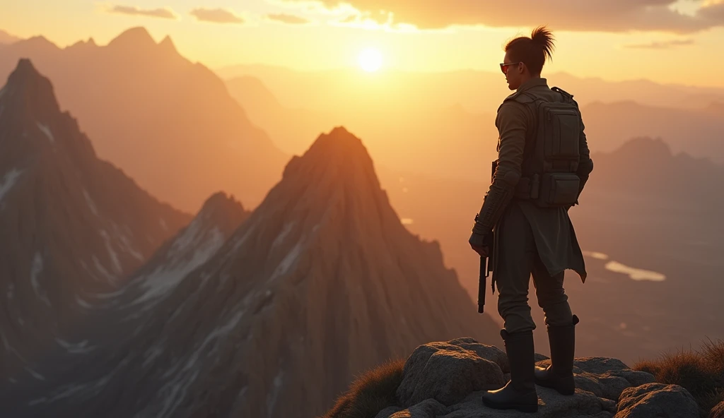 Scene 9: Location: Peak
At the mountain's peak, Alok Free Fire overlooks the battlefield, his sunglasses reflecting the setting sun. He strategizes the next move with his team.