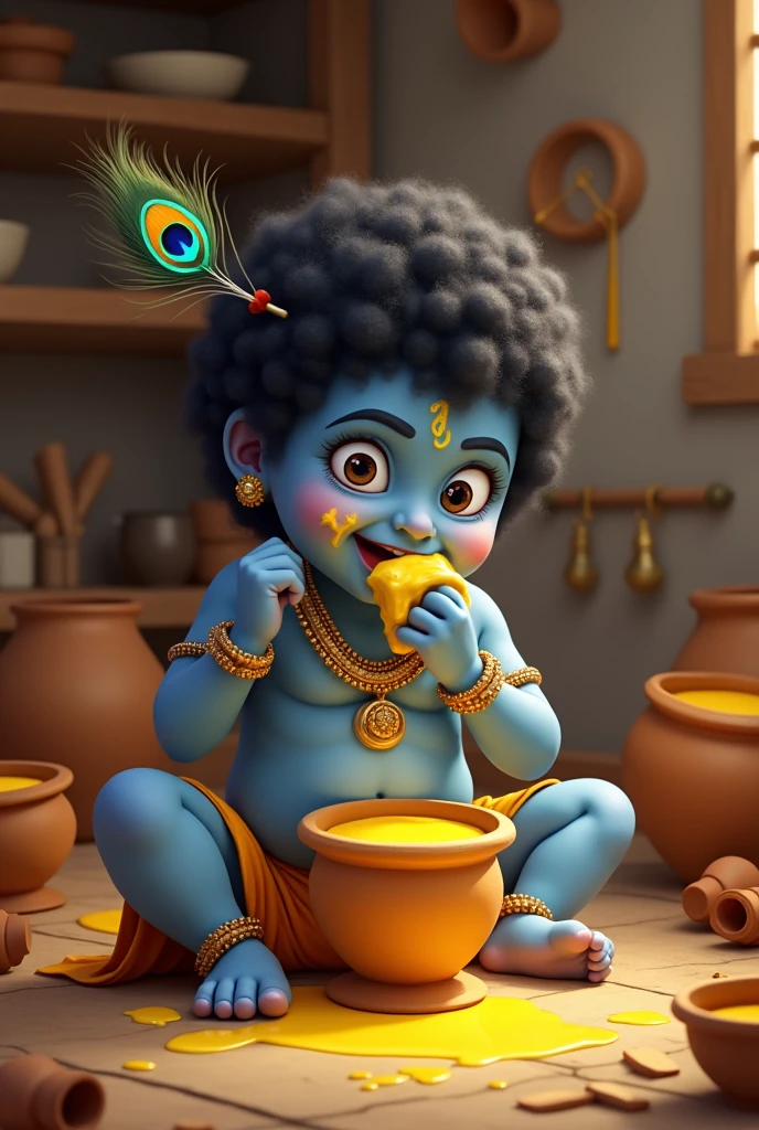 Create an endearing and heartwarming scene of baby Krishna enjoying butter (makhan). Krishna should be depicted as a chubby, blue-skinned  with large, sparkling eyes full of mischief and innocence. He is sitting on the floor, surrounded by clay pots, some of which are broken, spilling butter around him. Krishna holds a lump of butter in one hand, with some smeared on his face and hands, as he gleefully eats it. His expression is one of pure delight and satisfaction. He wears a simple loincloth, and a small peacock feather adorns his curly hair. The background should be a cozy, rustic kitchen with wooden beams and shelves lined with more pots of butter. The soft, warm light in the scene should highlight Krishna's divine glow, making the entire image feel sacred yet playful, capturing the essence of his divine yet mischievous nature."