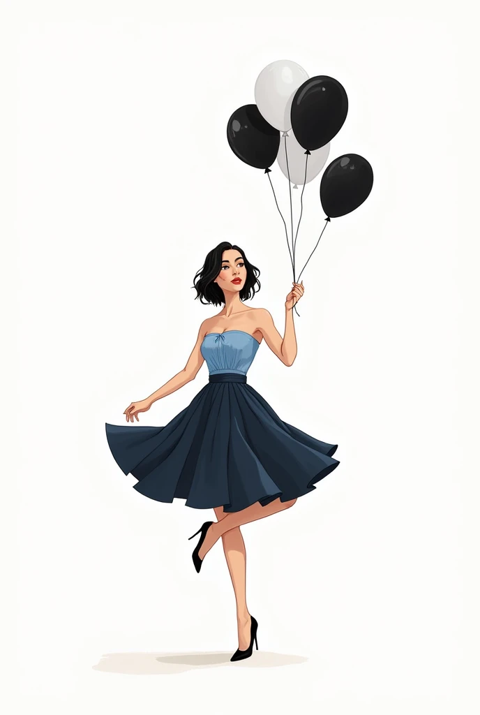 Create a png drawing of a white woman in her 30s with black hair *It has to be black)on the side holding balloons lifting one leg with a flared skirt and a blue strapless blouse and looking at the balloons(black and white)
Without being too realistic looking like fashion drawings