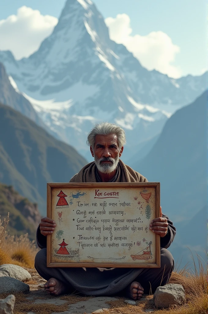 A man sitting in Himalayan showing a board
In board there is written Random content and having something Nepal related background