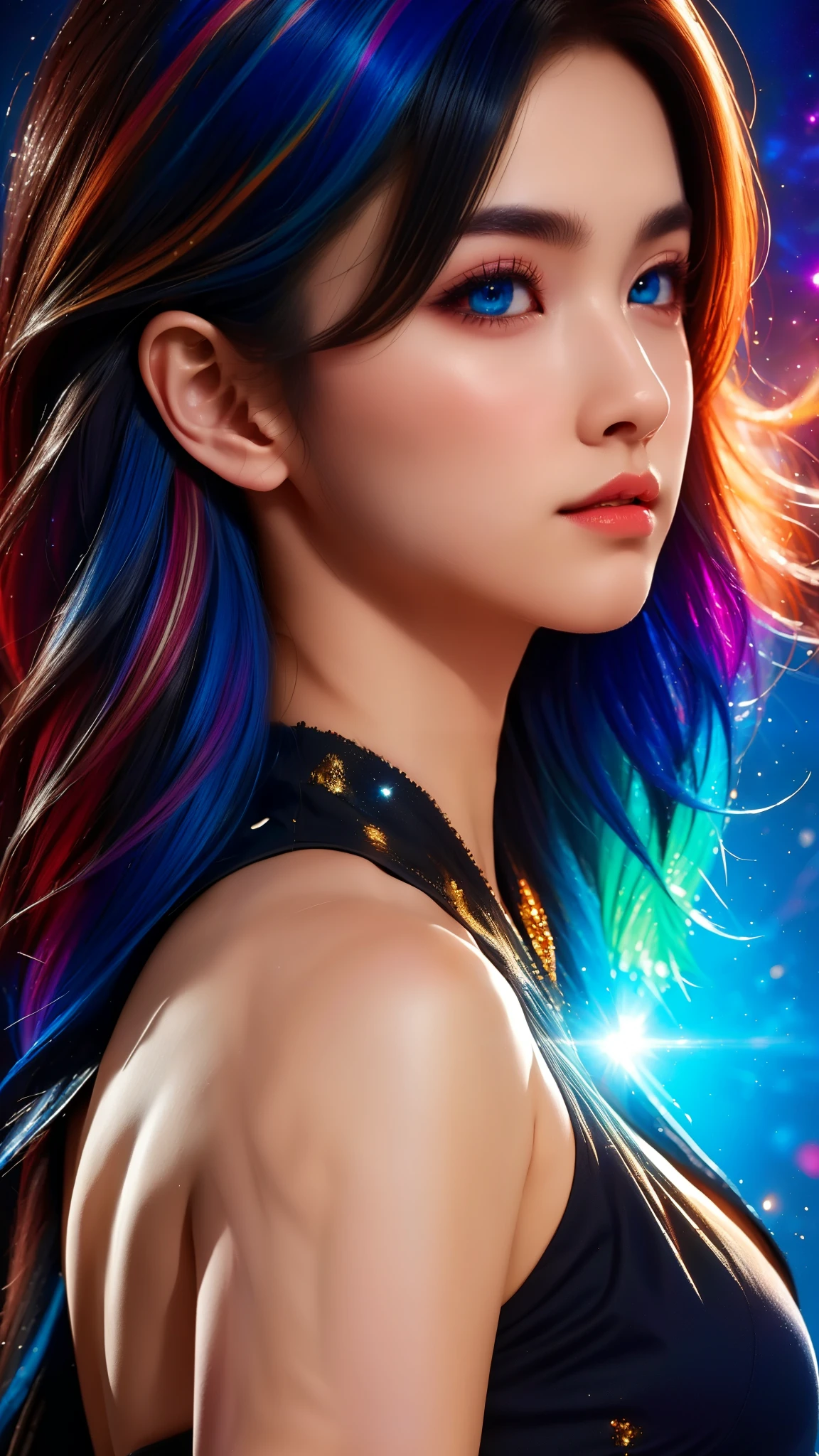 {{masterpiece}}, best quality, Extremely detailed CG unified 8k wallpaper, movie lighting, lens flare, beautiful details eyes, Black, side view, multi color hair, rich and colorful light, particle, heterochromia, (rich and colorful:1.5), (rich and colorful hair:1.5),