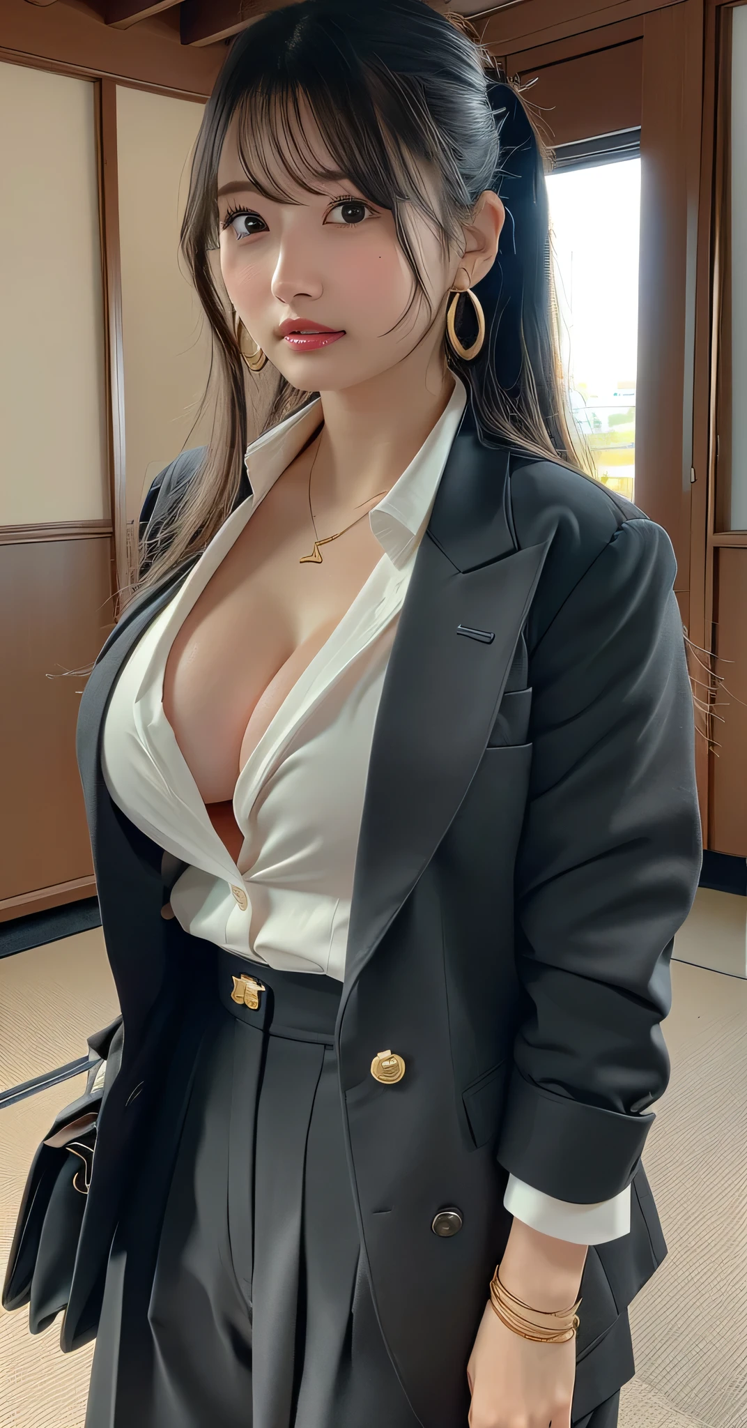 (8k,RAW Photos,Like the picture:1.45),masterpiece,Highest quality,wonderful,(セクシーなMature Woman:1),(Mature Woman:1.3), (2 woman.1.3)、(((very, very大きい)))、(((Extremely lewd and very huge boobs)))、(((Very deep cleavage)))、Hyper Real、In her office、A beautiful and dignified smile、Beautiful white skin、Beautiful, delicate and precise skin texture、With long, fluffy, beautiful brown hair(ponytail:1.0)、Beautiful Japanese Women、(Big Ass)、Thick thighs、Bright red lips、Gold earrings、Gold bracelet、Gold Necklace、{Charcoal gray suit(White blouse)}, (Japanese Ground Self-Defense Force badge on suit)