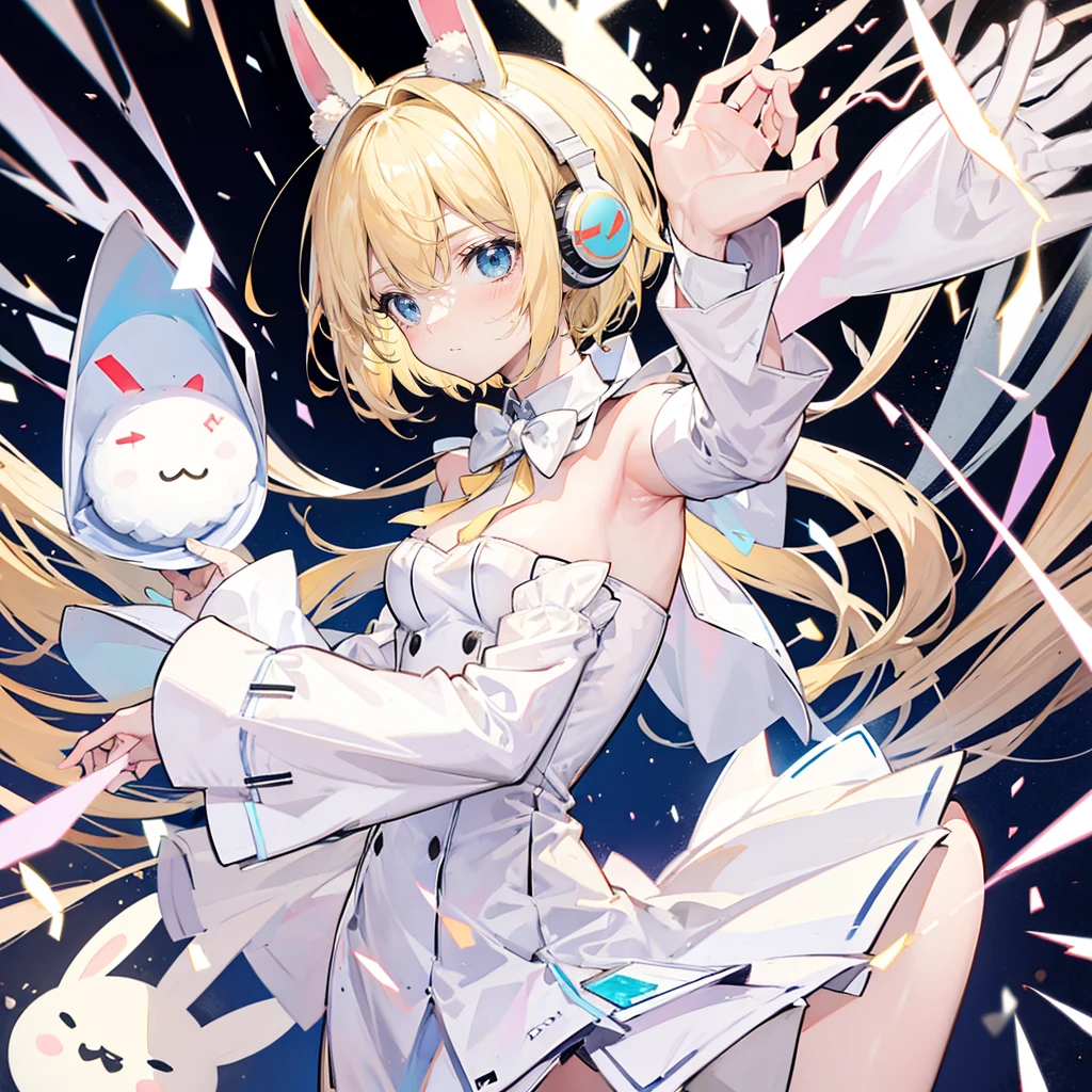 Blonde layered cut hair,,Bunny ears,Headphones on neck,White Bunny Costume