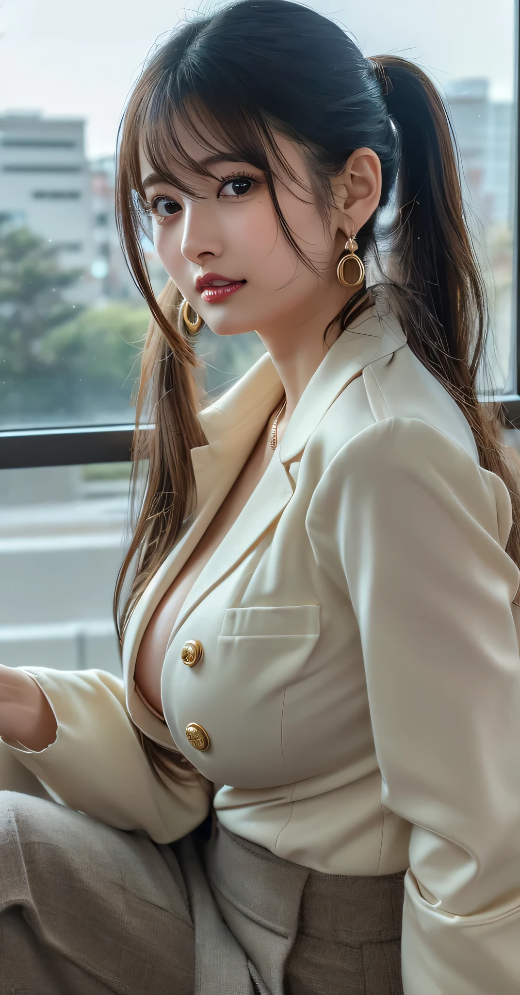 (8k,RAW Photos,Like the picture:1.45),masterpiece,Highest quality,wonderful,(セクシーなMature Woman:1),(Mature Woman:1.3), (2 woman.1.3)、(((very, very大きい)))、(((Extremely lewd and very huge boobs)))、(((Very deep cleavage)))、Hyper Real、In her office、A beautiful and dignified smile、Beautiful white skin、Beautiful, delicate and precise skin texture、With long, fluffy, beautiful brown hair(ponytail:1.0)、Beautiful Japanese Women、(Big Ass)、Thick thighs、Bright red lips、Gold earrings、Gold bracelet、Gold Necklace、{Charcoal gray suit(White blouse)}, (Japanese Ground Self-Defense Force badge on suit)