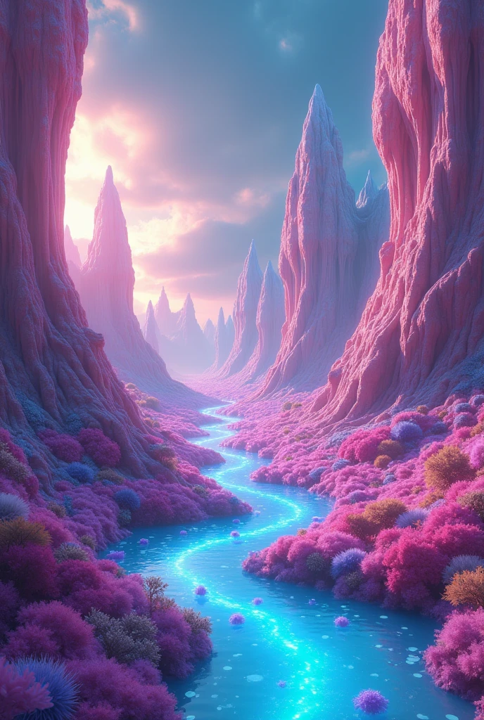 a vibrant iridescent landscape, dramatic lighting, surreal fantasy world, glowing ethereal atmosphere, otherworldly colors, intricate details, intricate patterns, dreamlike, hyperrealistic, cinematic composition, masterpiece, 8k, best quality, ultra-detailed, photorealistic
