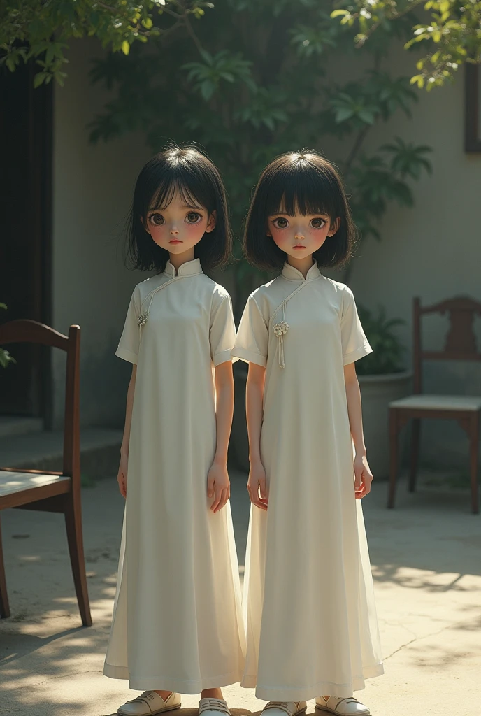 Scene of two Vietnamese girls in white ao dai ,hanging, chair falls to the ground 