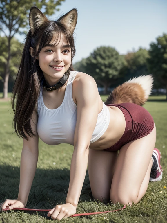 ((Highest quality, 8k)), ((masterpiece)), (Highest Resolution), Perfect Face, Fox Woman, Female college student, Beautiful woman, Outdoor, Only one tail, she has thick thighs, Her large tail, Her brown fox tail, She wags her tail, smile, Collar on Leash, She is wearing gym clothes, Plump Breasts, Beautiful Hips , Her fox tail sticks out from her bloomers, On all fours
