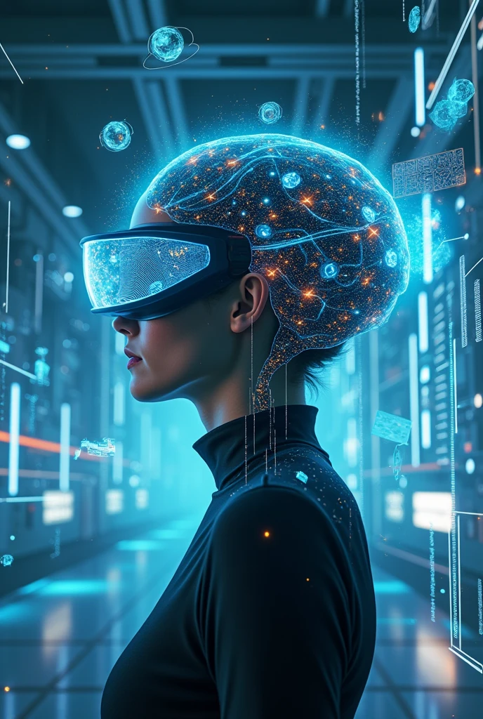 A futuristic image illustrating the connection between artificial intelligence and brain technology. Show a modern and technological environment, with a person wearing an augmented reality headset or a brain-computer interface device. Around the person, data visualizations, digital graphics and circuits float in the air, symbolizing the interaction between the human mind and AI. The background must be technological, with advanced design elements, like control panels and bright lights, creating an atmosphere of innovation and technological integration.
