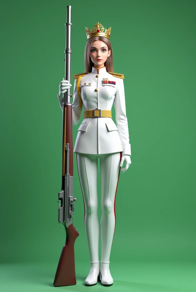 Full view, Military general standing with handed long shot gun, Female, King's crown on head , white uniform, plain green screen background