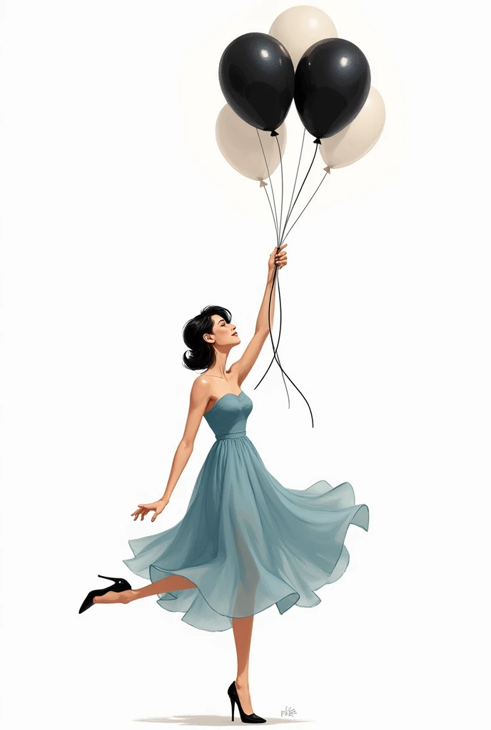 Create a png drawing of a white woman in her 30s with black hair *It has to be black)on the side holding balloons lifting one leg with a flared skirt and a blue strapless blouse and looking at the balloons(black and white)

Without being too realistic looking like fashion drawings  