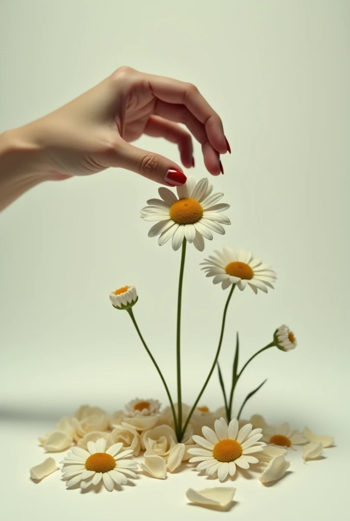 An image of a female hand plucking another petal from a daisy, playing "love me" with the petals already torn off on the ground showing only the flower and the hand, the flower is already missing some petals