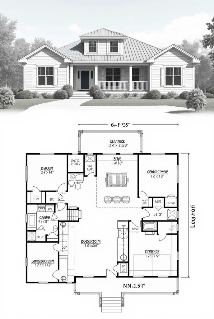 36 feet length, 25 feet width, make an interior house plan and elevation