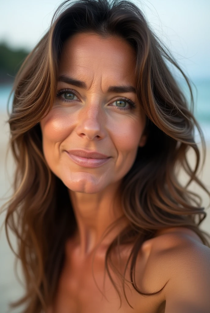 belle brune, de longs cheveux ondulés avec des mèches, femme de 40 ans avec un maquillage naturel selfie naturel, nue sur une plage