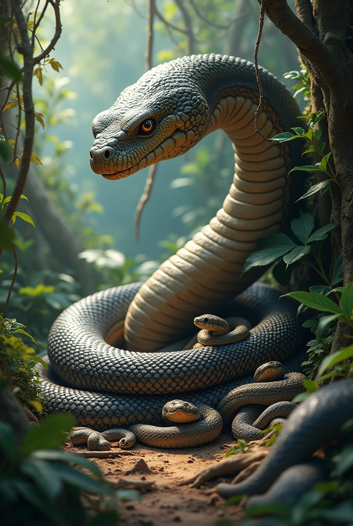 large snake with several other smaller snakes around it