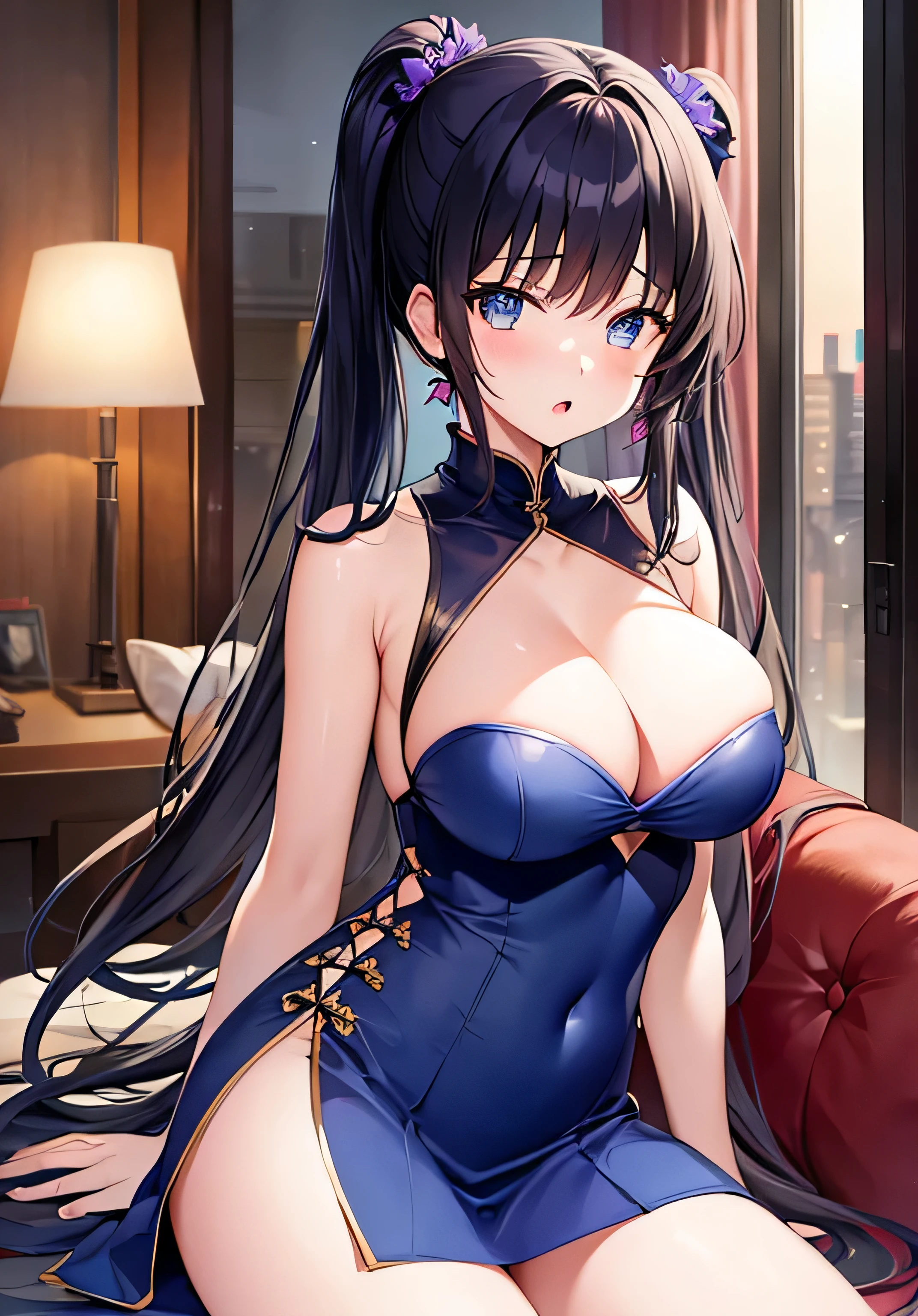 masterpiece、Highest quality、Ultra-high resolution、nsfw、age girl with big n tail hairstyle、black hair、Red face、shyly、open your mouth just a little、Blue cheongsam dresses with visible cleavage for terls、Blue Miniht Skirt with Slit、Blue Form-fitting dresses with visible cleavage for teenage girls、he sofa、Insid hotel with a night view of a high-rise building、at night time