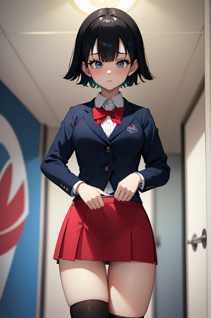 masterpiece, Highest quality, High resolution, MyMiku, short hair, teeth, , Red Bow, Collared shirt, Blue jacket, blazer, Long sleeve, Pleated skirt, Grey Skirt, Black knee socks, Cowboy Shot, anger, Are standing, locker room,Open the shirt,Skirt Lift,Panties in full view