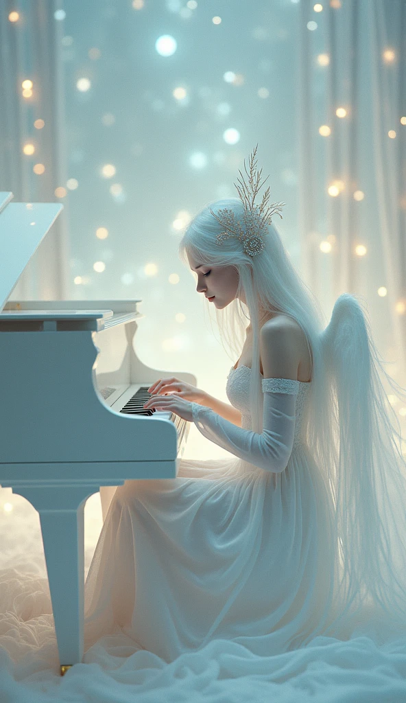 This image depicts a serene, ethereal scene featuring a delicate figure playing a full white piano. The character appears otherworldly, with pale skin and long, flowing white hair adorned with intricate, shimmering accessories. The setting seems to be a dreamy, celestial environment, filled with soft, glowing lights that enhance the magical ambiance. The figure's clothing is equally ethereal, with light, translucent fabric that adds to the otherworldly, almost angelic feel of the image.