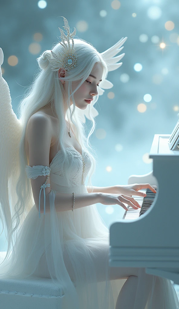 This image depicts a serene, ethereal scene featuring a delicate figure playing a full white piano. The character appears otherworldly, with pale skin and long, flowing white hair adorned with intricate, shimmering accessories. The setting seems to be a dreamy, celestial environment, filled with soft, glowing lights that enhance the magical ambiance. The figure's clothing is equally ethereal, with light, translucent fabric that adds to the otherworldly, almost angelic feel of the image.