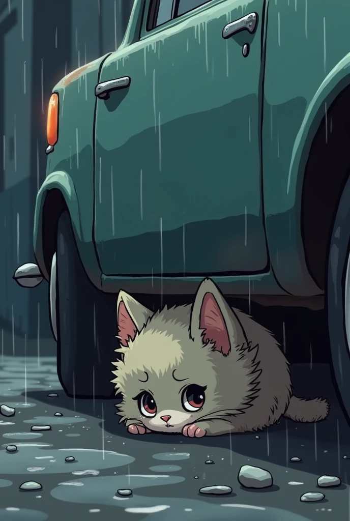  a poor kitten under a car while raining drawing anime or cartoon