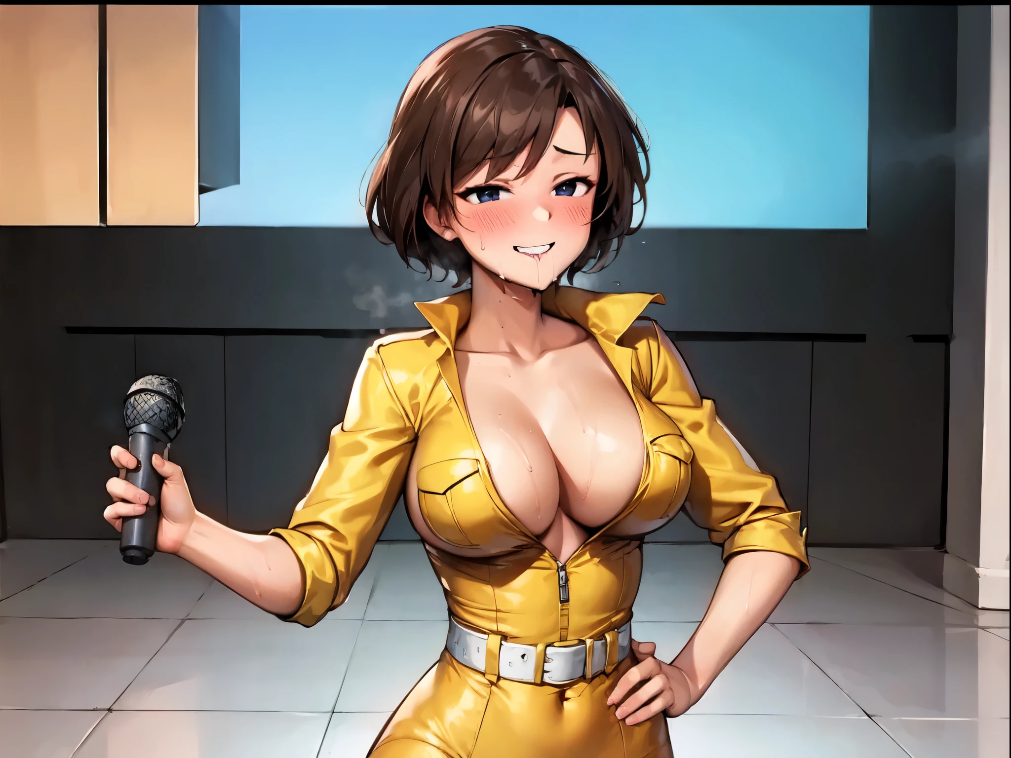 （（super high quality,Ultra-high resolution,16K,super masterpiece,Ultra HD ,Detailed shading,））Park at night,（（３People Women,Sexy older sisters））,Cleavage,Yellow jumpsuit,White belt at waist,popped Tight collar,smile,blush,Sweaty,holding a microphone in his hand,Licking the microphone,A small amount of drooling,Love juice from the crotch,