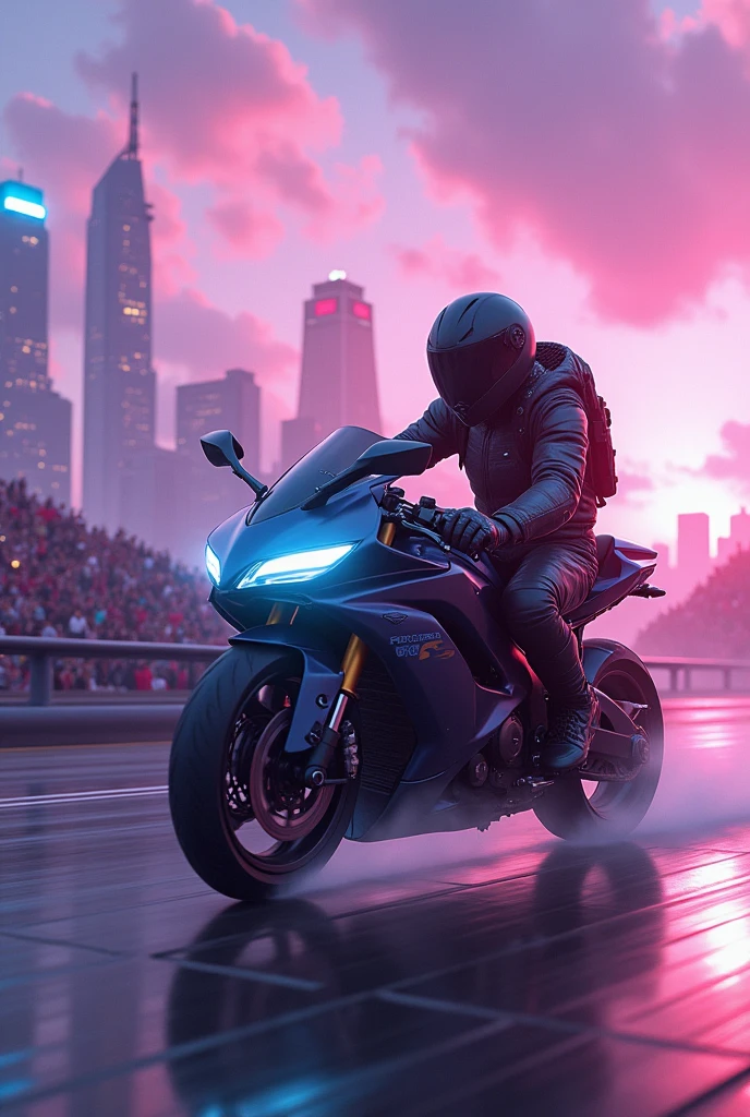 Futuristic motorbike racing with machine guns, in a city with purple skies on a track in the sky with stands full of people