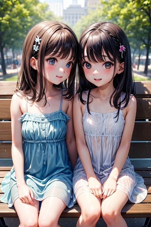 Two very young girls kiss while sitting on park bench, bare, transparent sundresses, naked under dresses
