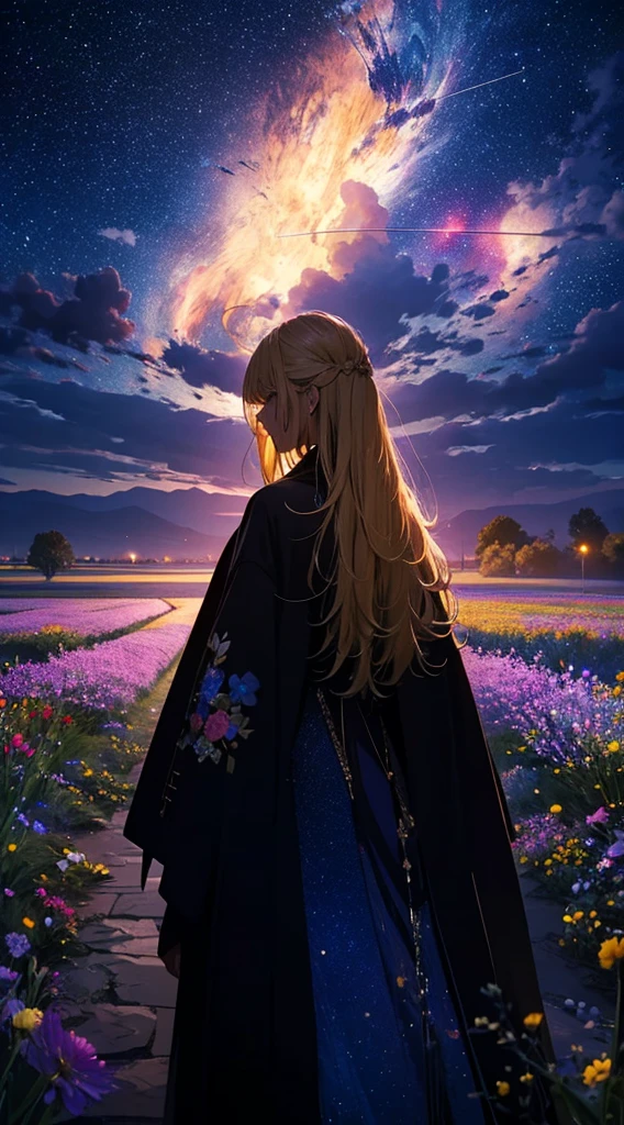 1people々々々々々々々々々々,Blonde long-haired woman,Long coat, Dress Silhouette, Rear View,Space Sky, Flower Field,Colorful flowers