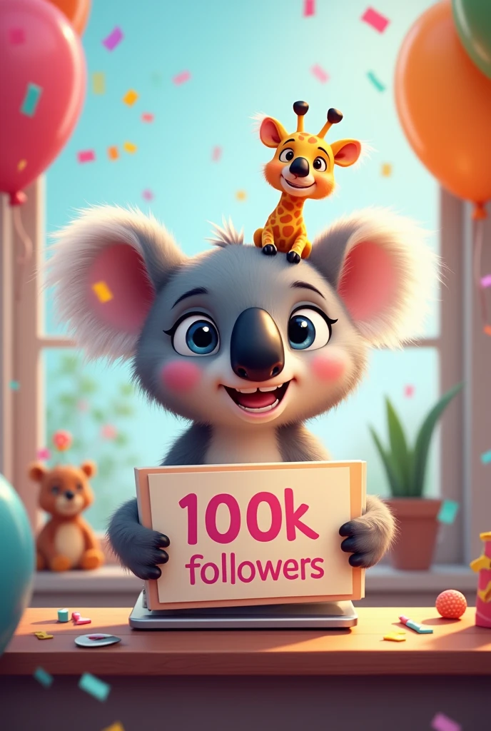 Image of an animated koala with a 100k followers sign with a small giraffe on his shoulder sitting in front of a computer editing videos. With confetti and balloons in celebration mode. super cute
