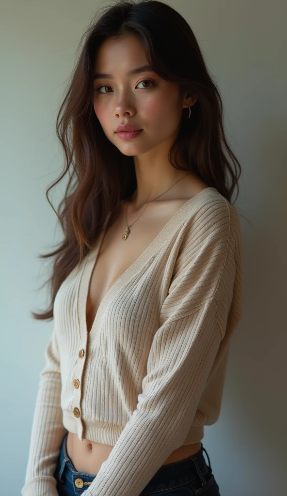 Hyperrealistic busty young woman looking at camera seductively in tight college clothes
